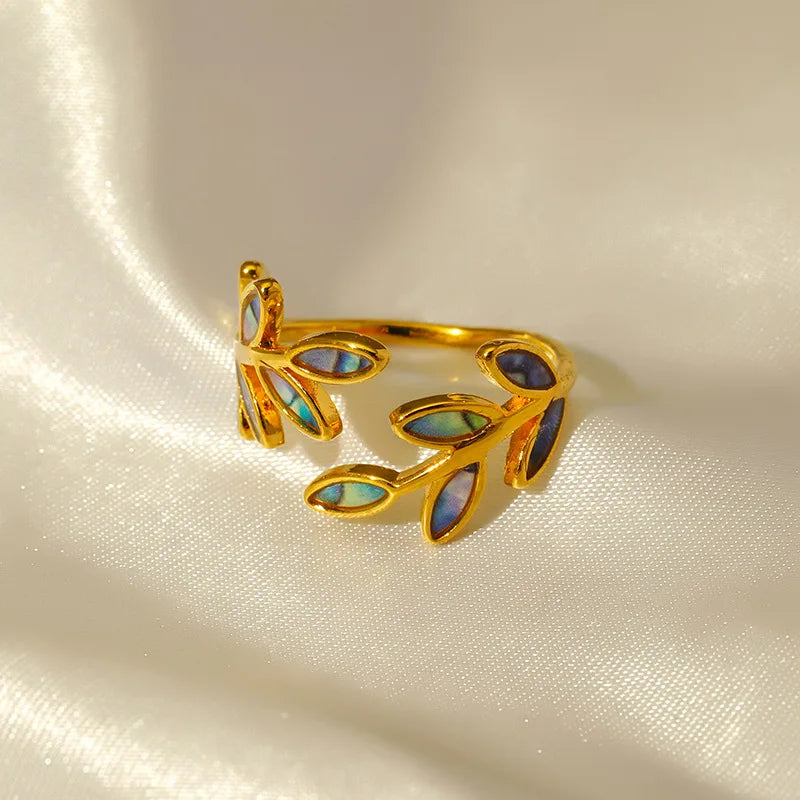 Dainty Vintage Enamel Leaf Open Gold Ring - Adjustable - Stainless Steel - Womens