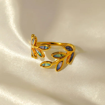 Dainty Vintage Enamel Leaf Open Gold Ring - Adjustable - Stainless Steel - Womens