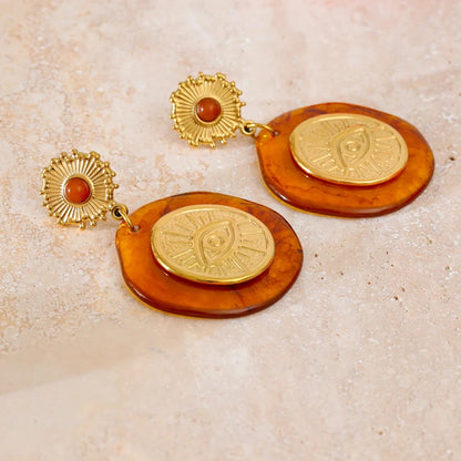 Vintage Amber Resin Evil Eye Gold Drop Earrings - Womens