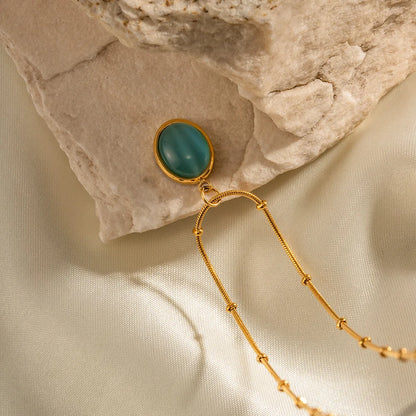 Boho Beach Blue Opal Gemstone Gold Pendant Necklace - Stainless Steel - Womens