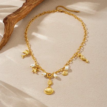 Boho Beach Seashell Dolphin Seahorse Starfish Pearl Gold Pendant Charm Necklace - Womens
