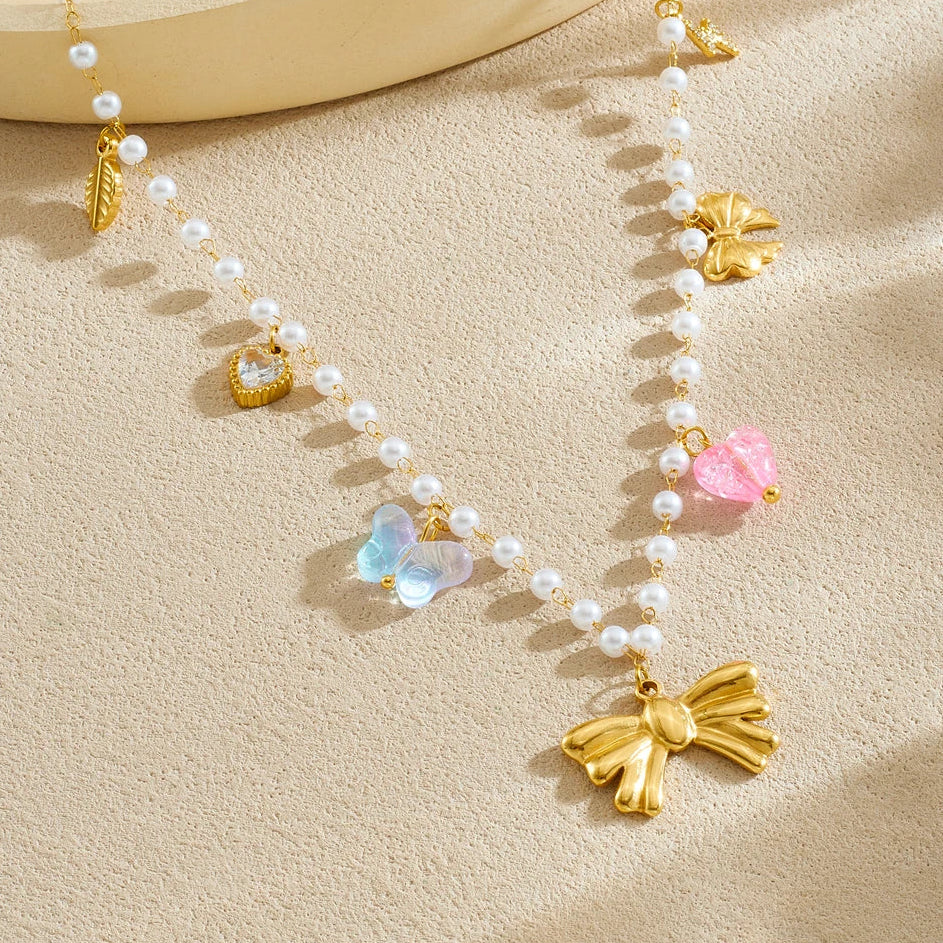 Coquette Bow Heart Butterfly Pearl Charm Necklace - Womens