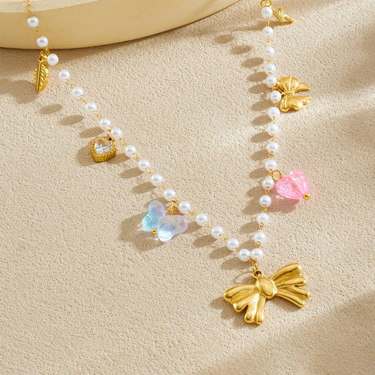 Coquette Bow Heart Butterfly Pearl Pendant Charm Necklace - Womens