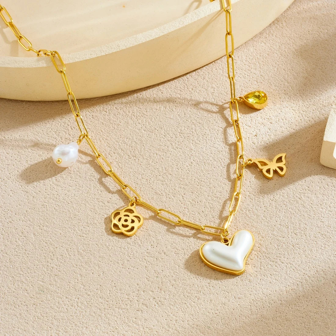 Coquette Pearl Heart Flower Butterfly Gold Pendant Charm Necklace - Womens