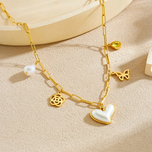 Coquette Pearl Heart Flower Butterfly Gold Pendant Charm Necklace - Womens