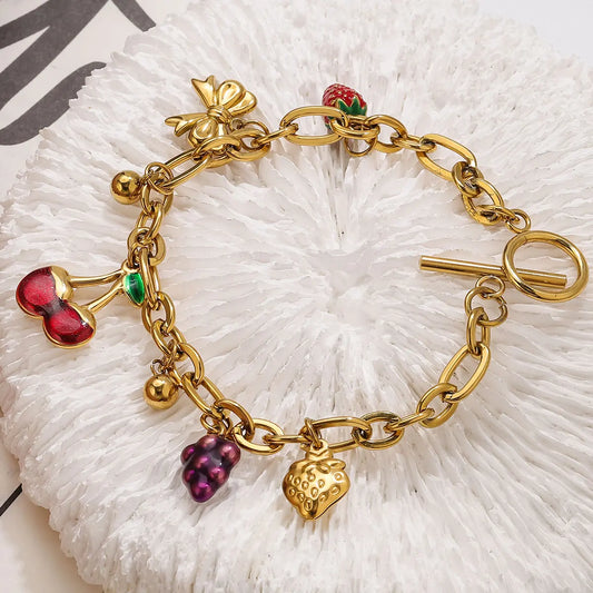 Cherry Strawberry Bow Gold Pendant Charm Bracelet - Womens