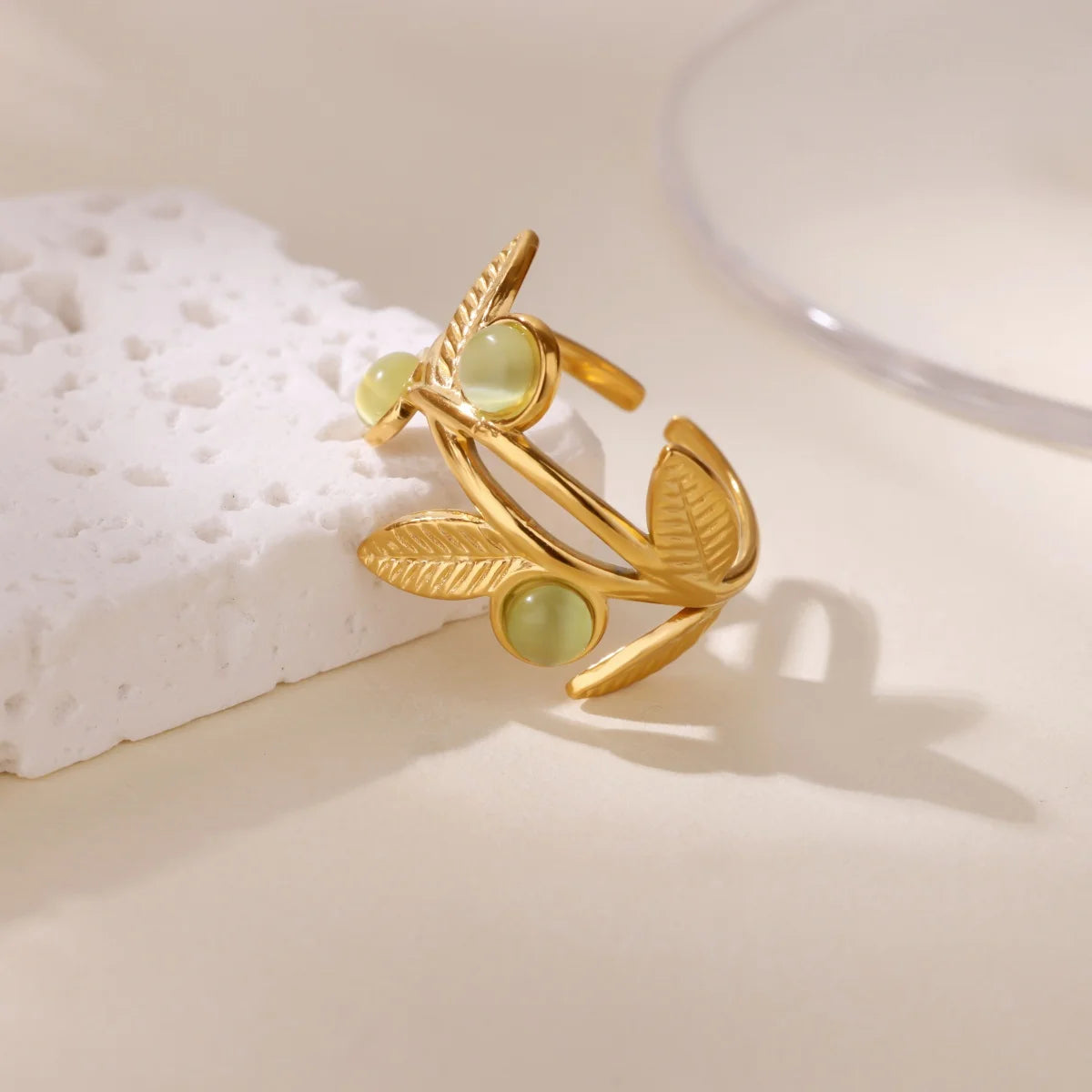 Boho Green Stone Gold & Silver Leaf Ring - Womens