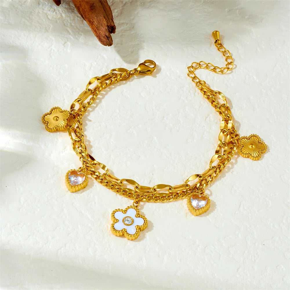 Coquette Heart Flower Zircon Pendant Double-layer Gold Charm Bracelet - Stainless Steel - Womens