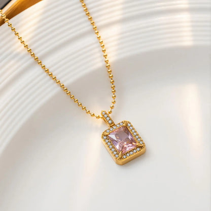 Zircon Square Pink Gemstone Gold Pendant Necklace - Stainless Steel - Womens