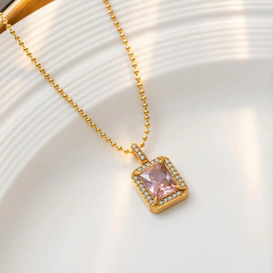 Zircon Square Pink Gemstone Gold Pendant Necklace - Stainless Steel - Womens