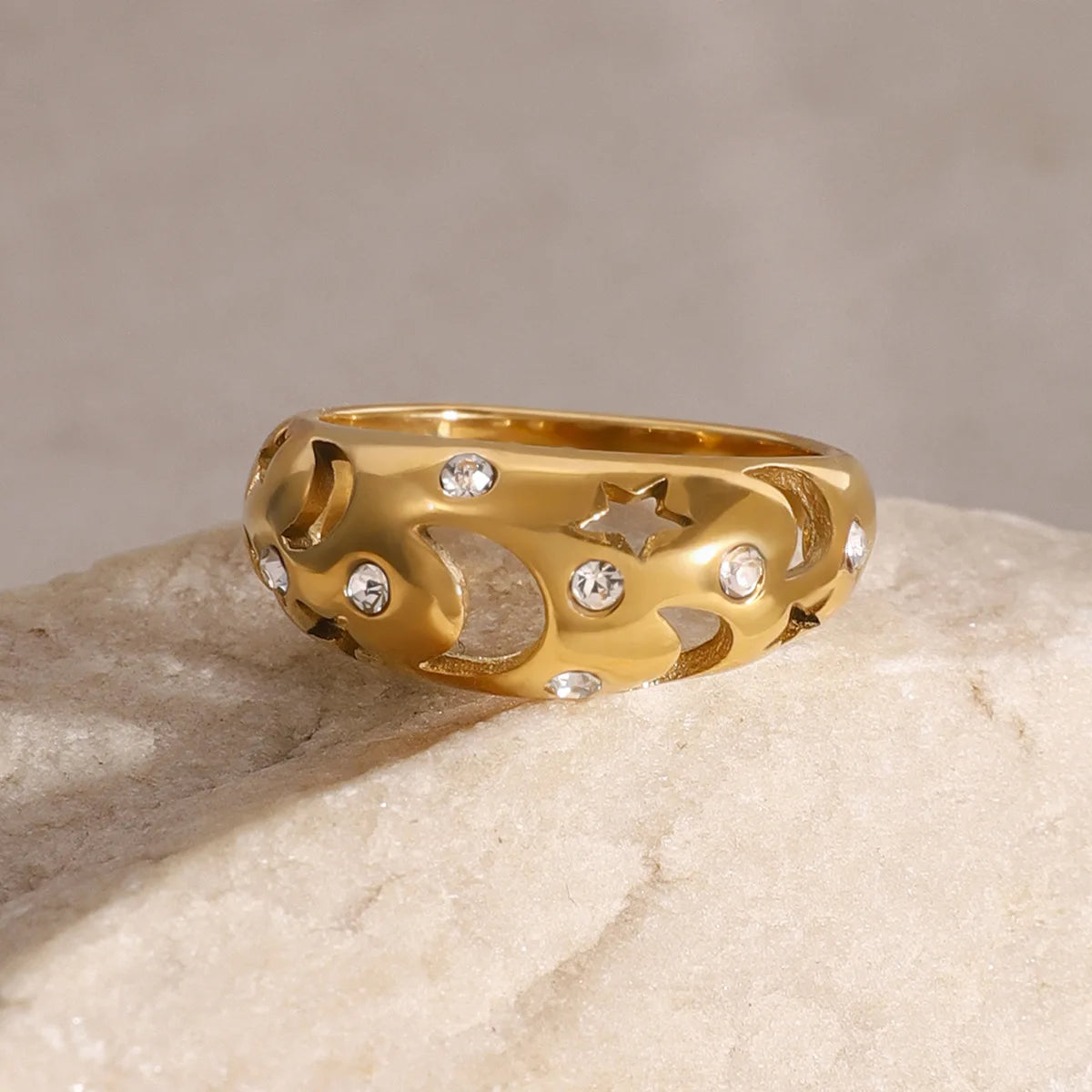 Cubic Zirconia Hollow Star Moon Gold Ring - Womens