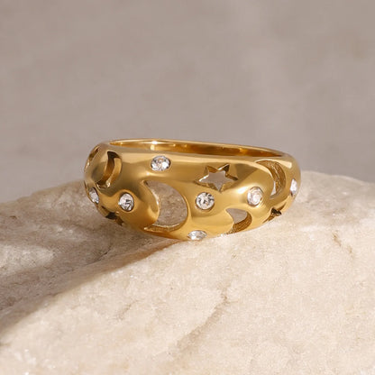 Cubic Zirconia Hollow Star Moon Gold Ring - Womens