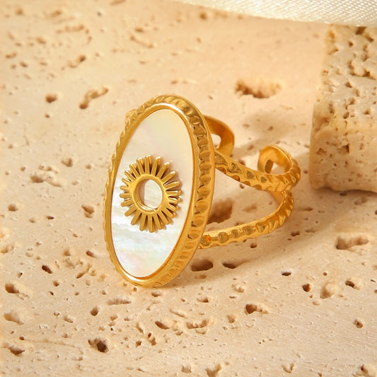 Boho White Pearl Shell Sun Hammered Adjustable Ring - Womens
