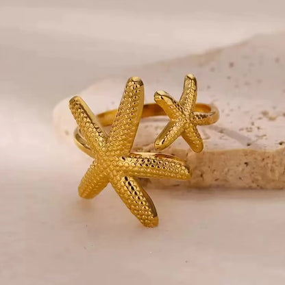 Boho Mermaidcore Starfish Adjustable Ring - Gold & Silver - Womens