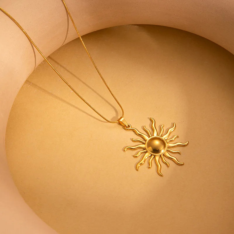 Boho Sun Pendant Gold Charm Necklace - Womens
