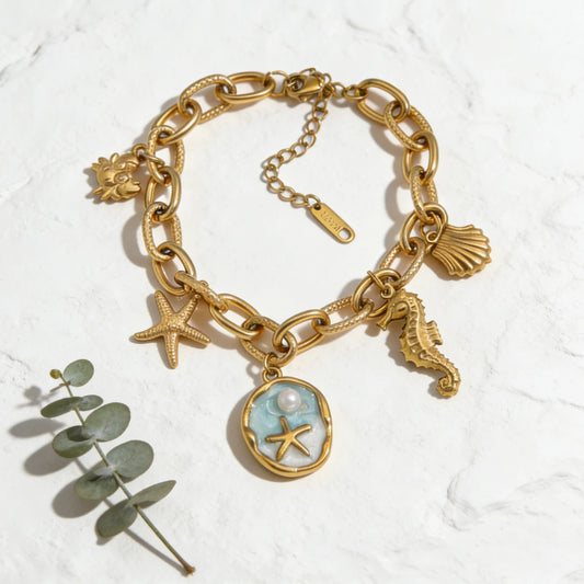 Boho Beach Starfish Seashell Pearl Pendant Gold Charm Bracelet Adjustable - Stainless Steel - Womens
