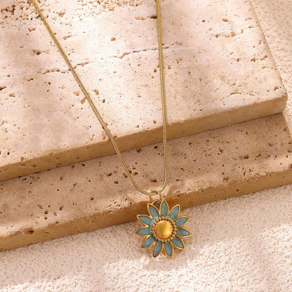 Vintage Sunflower Blue & Gold Pendant Necklace - Adjustable - Womens