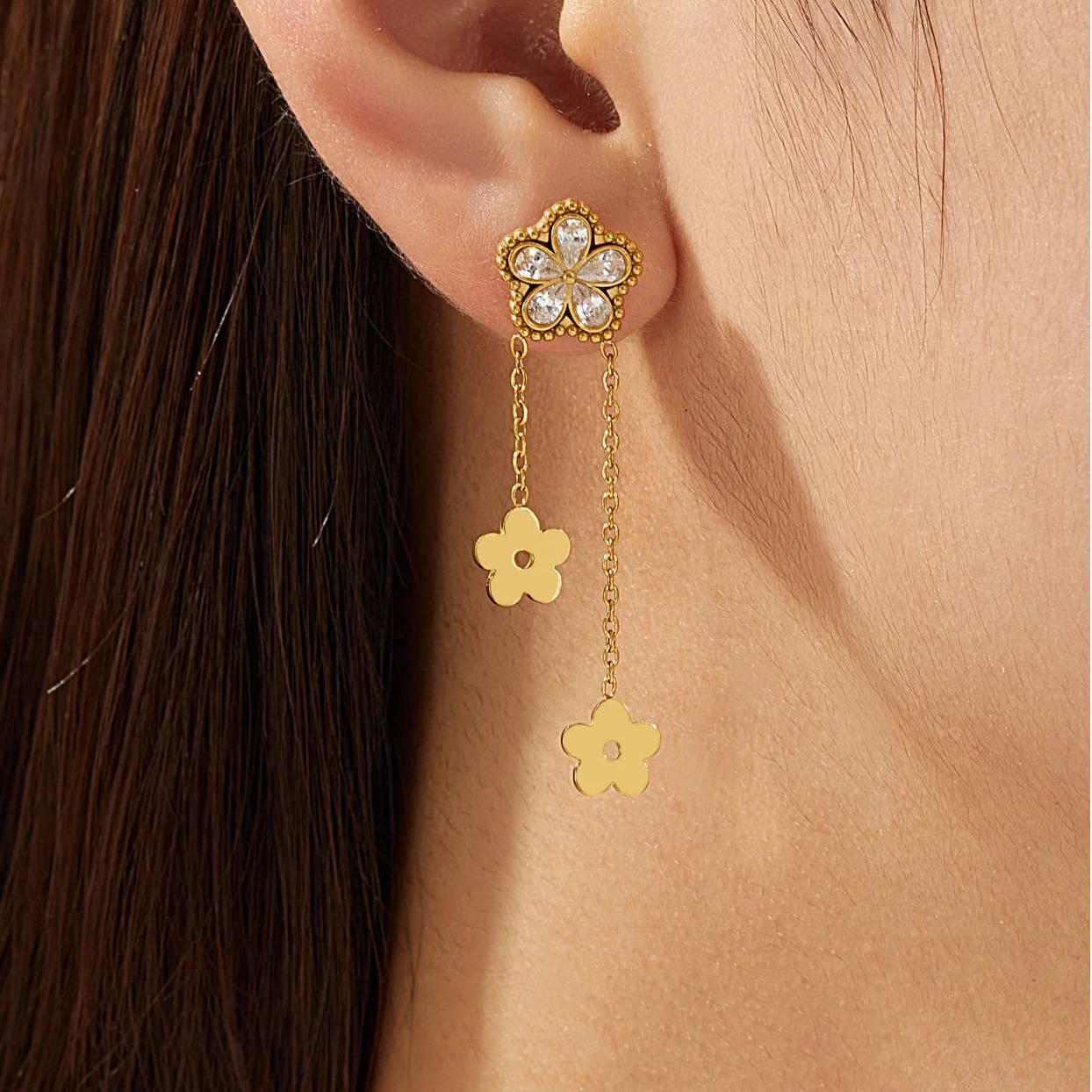 Y2K Zircon Flower Gold Dangling Earrings - Womens