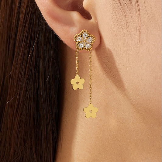 Y2K Zircon Flower Gold Dangling Earrings - Womens