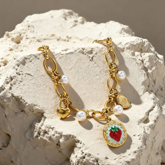 Coquette Strawberry Heart Pearl Pendant Gold Charm Bracelet - Womens