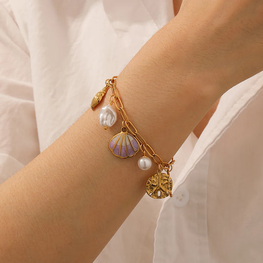 Boho Beach Mermaid Starfish Seashell Pearl Gold Charm Bracelet - Womens