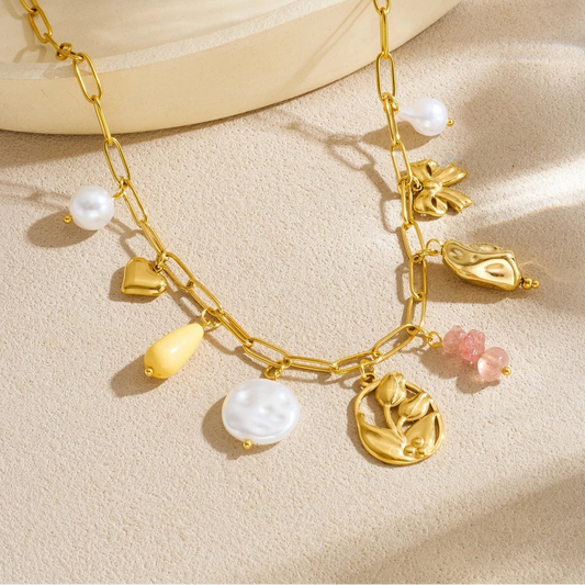 Vintage Pearl Rose Heart and Bow Gold Charm Pendant Necklace - Womens