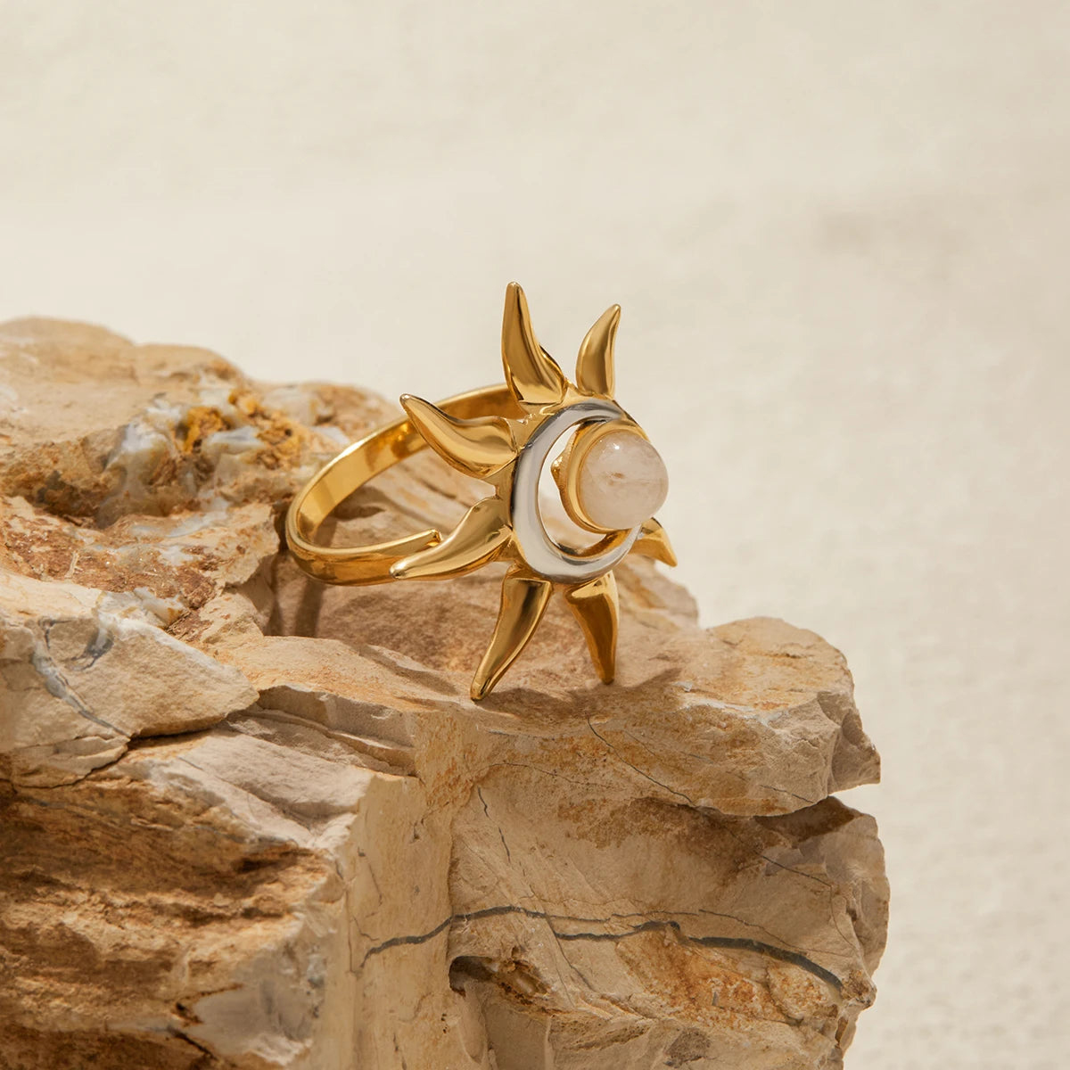 Two-Tone Sun Moonstone Adjustable Ring - Gold & Silver - Womens