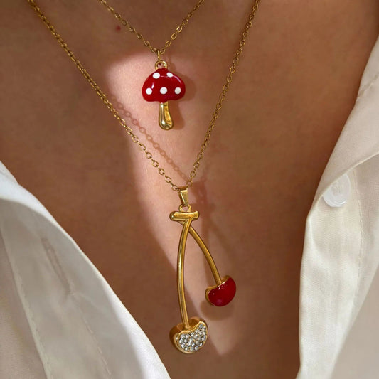 Cottagecore Red Mushroom and Cherry Gold Pendant Charm Necklace - Womens