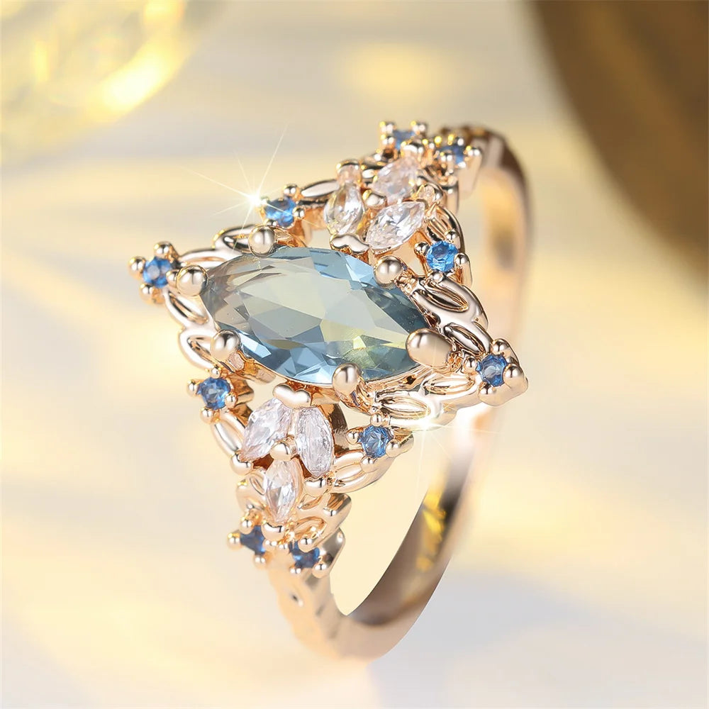 Vintage Princess Oval Stone Blue Crystal Marquise Ring - Womens