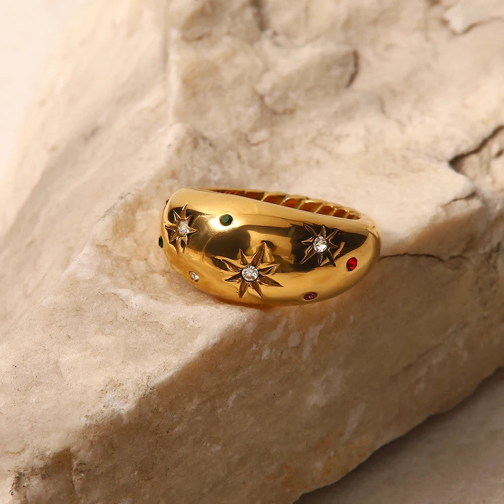 Rainbow Celestial Star Chunky Gold Ring - Womens