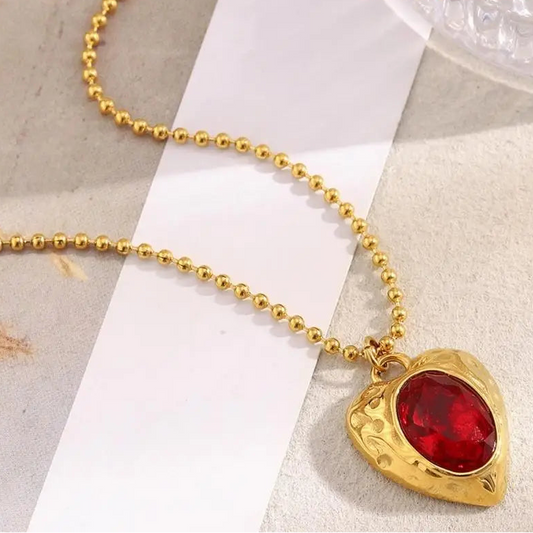 Red Heart Zircon Stone Gold Pendant Valentine's Necklace - Womens