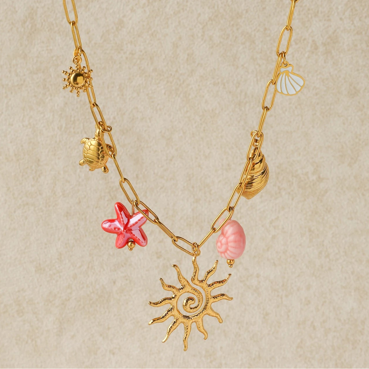 Boho Beach Mermaid Seashell Sun Gold Pendant Charm Necklace - Womens