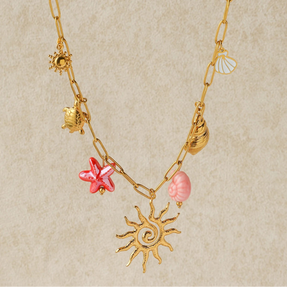 Boho Beach Mermaid Seashell Sun Gold Pendant Charm Necklace - Womens