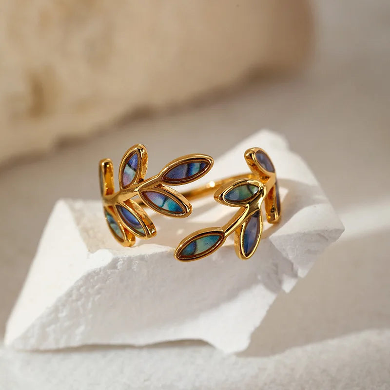 Dainty Vintage Enamel Leaf Open Gold Ring - Adjustable - Stainless Steel - Womens