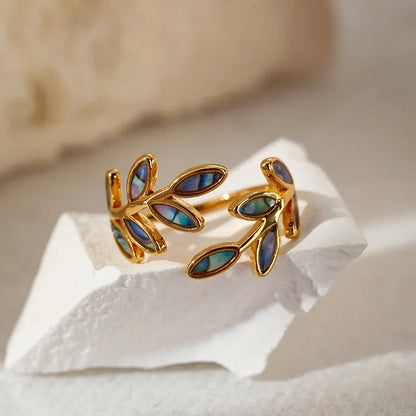 Dainty Vintage Enamel Leaf Open Gold Ring - Adjustable - Stainless Steel - Womens