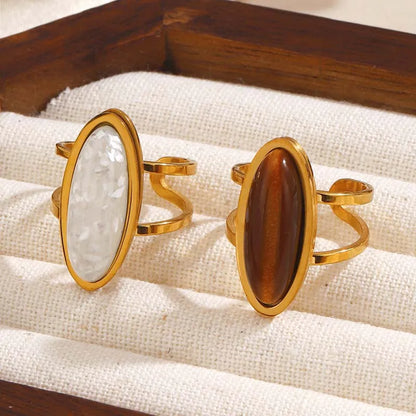 Vintage Boho Oval Pearl Brown Stone Tiger's Eye Ring - Stainless Steel - Womens