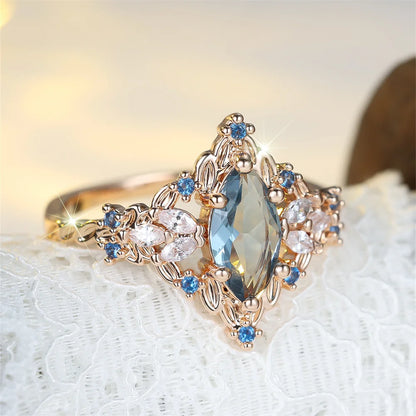 Vintage Princess Oval Stone Blue Crystal Marquise Ring - Womens