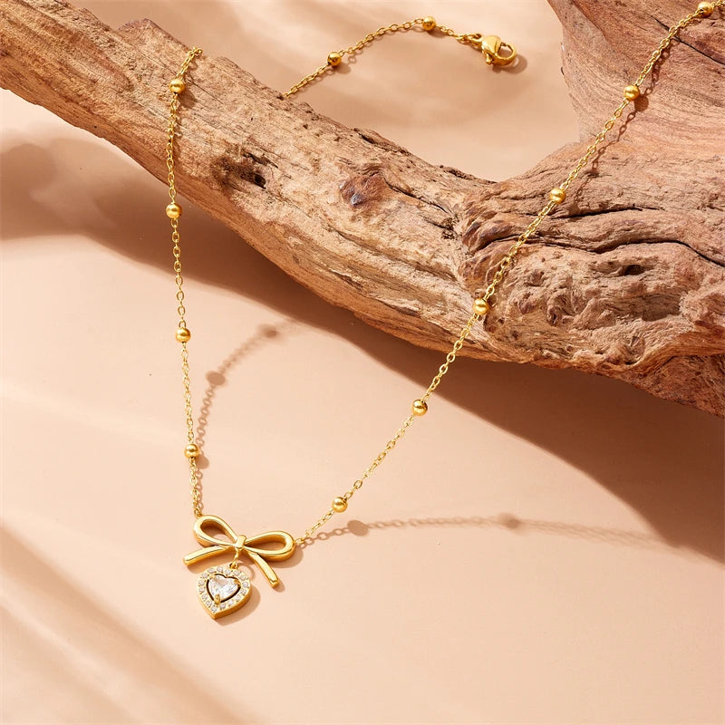 Coquette Bow Ribbon Zircon Heart Gold Pendant Necklace - Womens