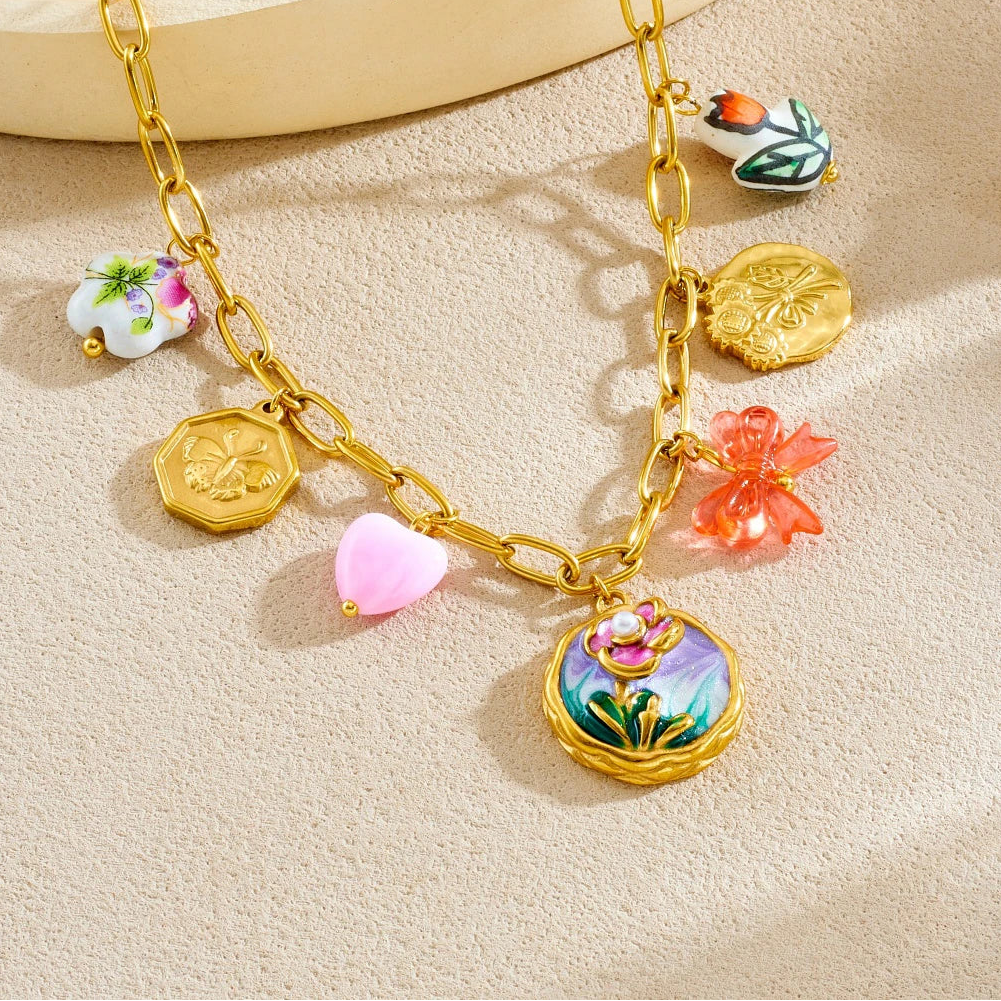 Flower Butterfly Bow Heart Pendant Gold Charm Necklace - Stainless Steel - Womens