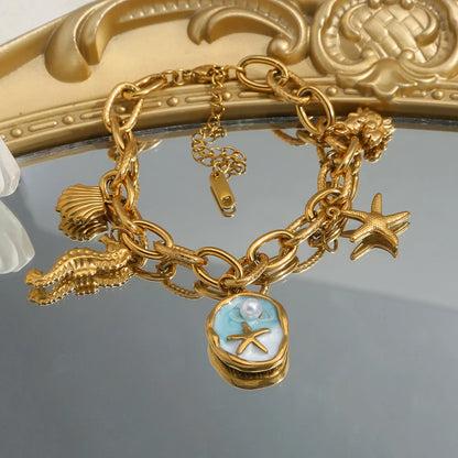 Boho Beach Starfish Seashell Pearl Pendant Gold Charm Bracelet Adjustable - Stainless Steel - Womens