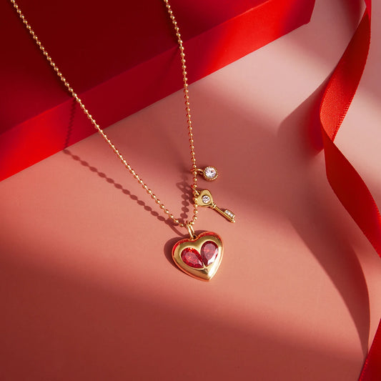 Red Zircon Heart and Key Gold Pendant Valentine's Gift Necklace - Womens