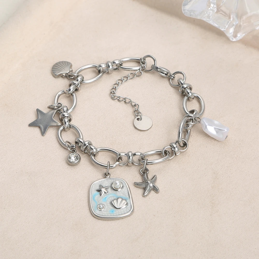 Boho Beach Shell Star Silver Chain Charm Bracelet - Womens
