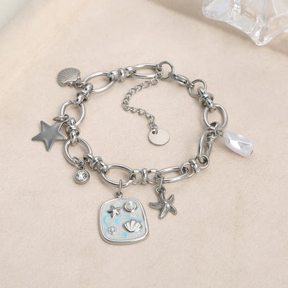Boho Beach Shell Star Silver Chain Charm Bracelet - Womens