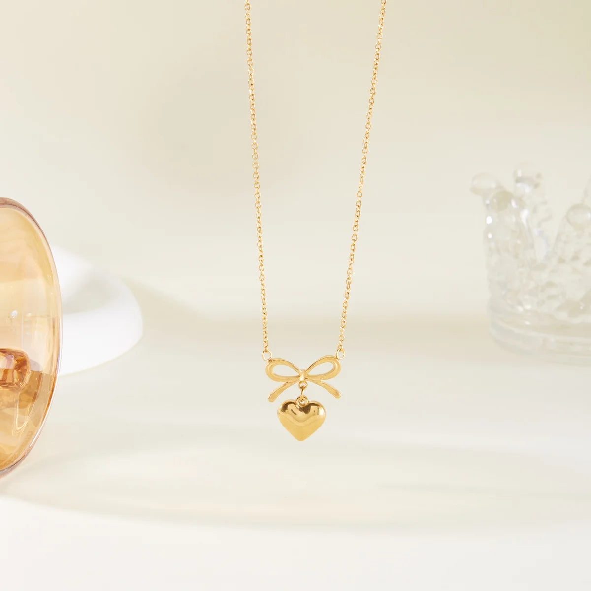 Dainty Coquette Aesthetic Heart and Bow Gold Pendant Necklace - Womens