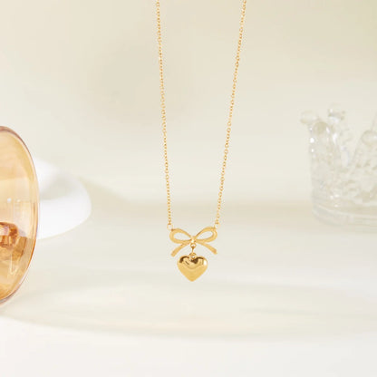Dainty Coquette Aesthetic Heart and Bow Gold Pendant Necklace - Womens