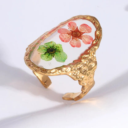 Vintage Pressed Flower Resin Adjustable Gold Ring - Womens