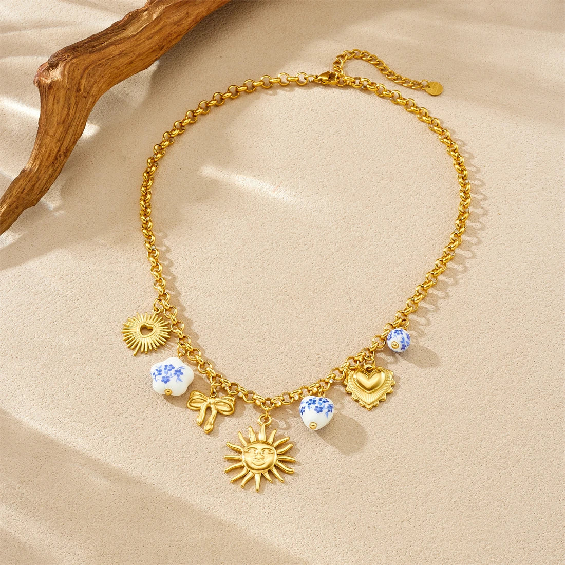 Sun Bow Ceramic Flower Heart Pendant Gold Charm Necklace - Stainless Steel - Womens