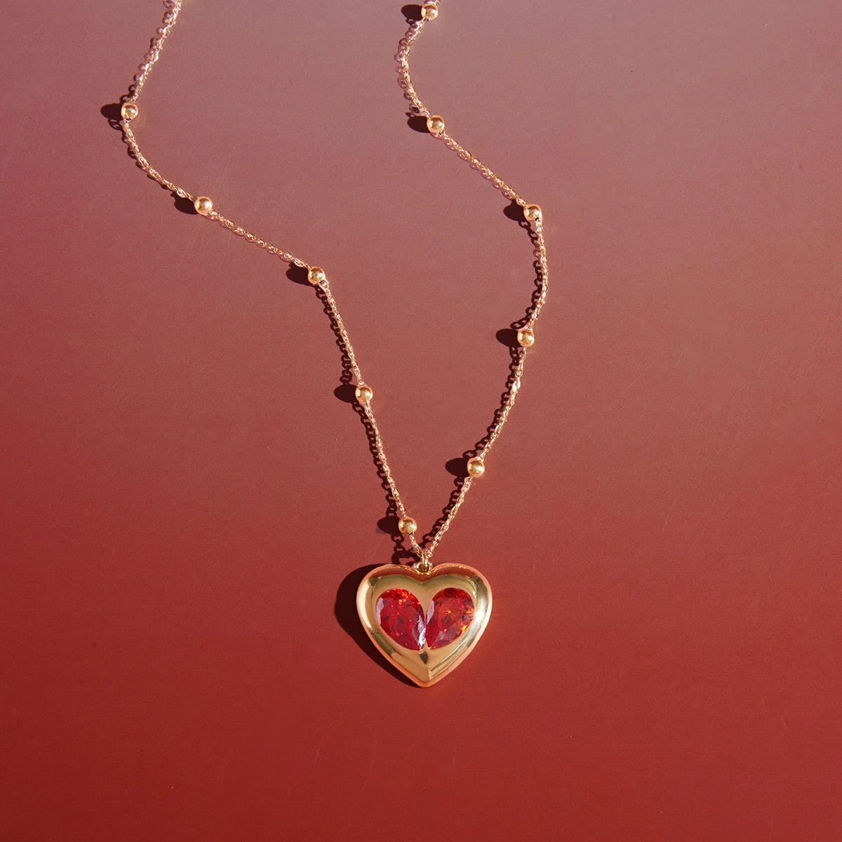 Red Zircon Heart Bead Gold Pendant Valentine's Gift Necklace - Womens