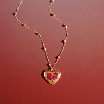 Red Zircon Heart Bead Gold Pendant Valentine's Gift Necklace - Womens