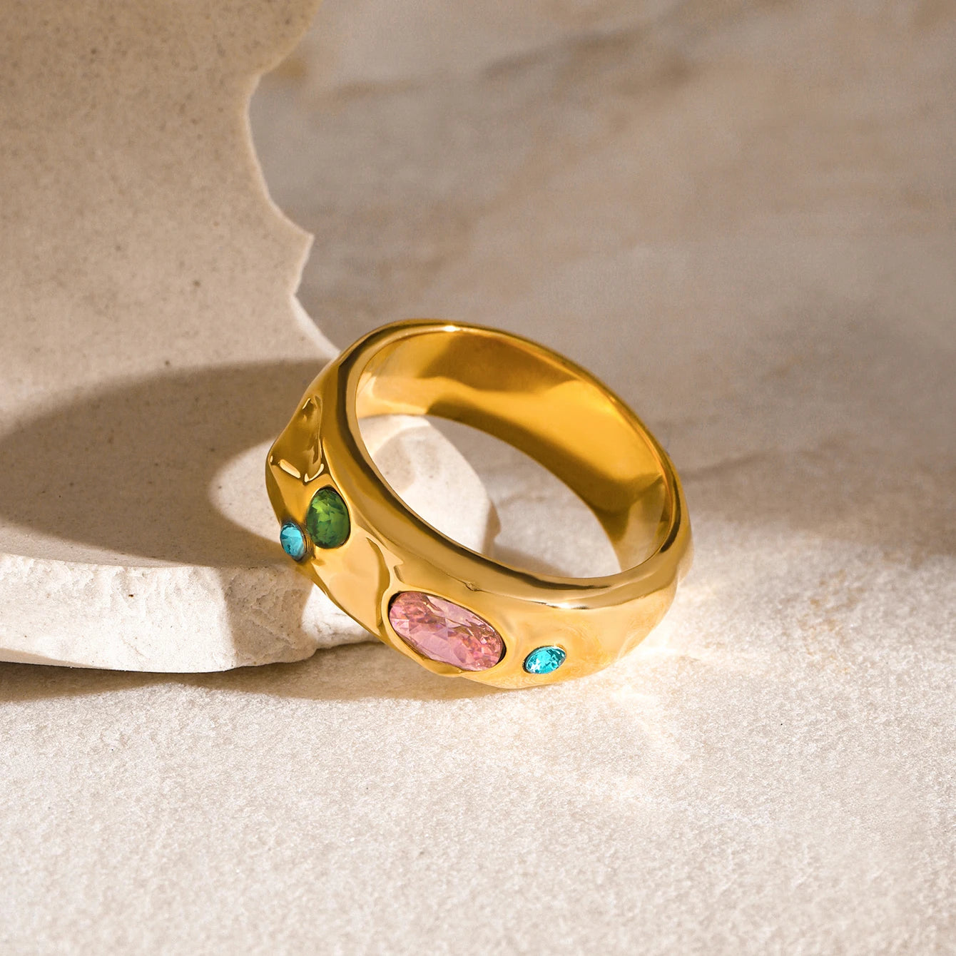 Zirconia Boho Pink, Blue & Green Gemstone Gold Ring - Stainless Steel - Womens